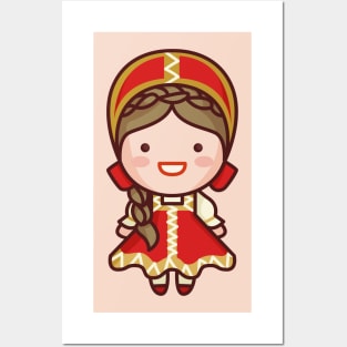 Cute Russian Village Girl in Traditional Clothing Cartoon Posters and Art